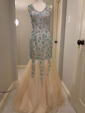 Beaded Ivory Mermaid Gown with Aqua Embellishments